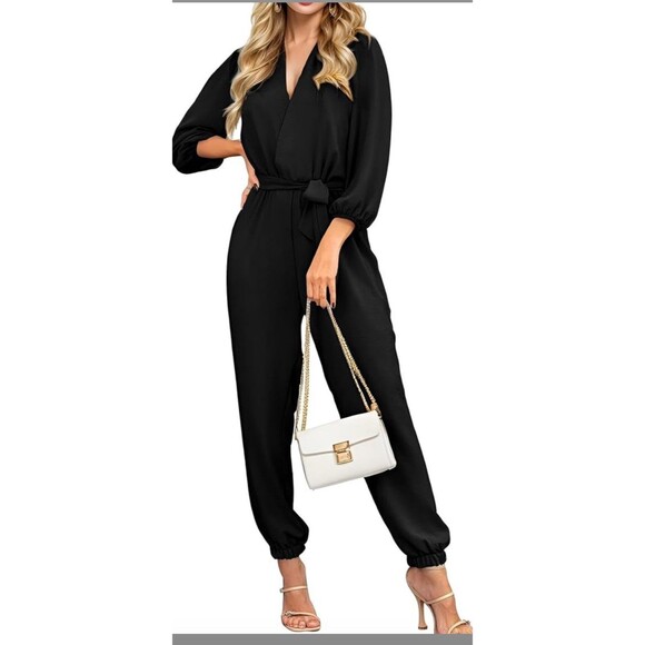 Womens jumpsuit Outfit Pockets Long sleeves Pants Jumpsuit black XL MISSING BELT - Picture 3 of 16